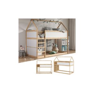 VitaliSpa Kinderhochbett Doppelstockbett Etagenbett Pinocchio Natur Weiß modern 205x175 cm Kinderzimmer Rausfallschutz Massivholz Lattenrost