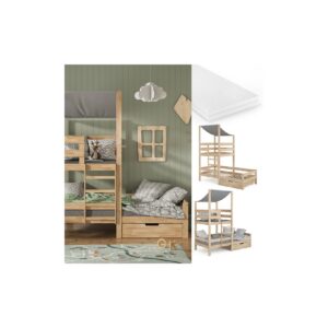 VitaliSpa Spielturmbett Kinderbett Spielbett Tom Natur modern 204x218 cm Massivholz Kinderzimmer Lattenrost Bettleiter Bett Schublade Matratze Abenteuerbett Kletterbett