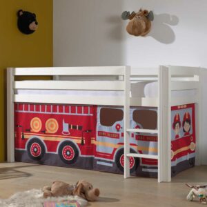 4Home Kinderzimmerbett aus Kiefer Massivholz Vorhang Set Feuerwehr