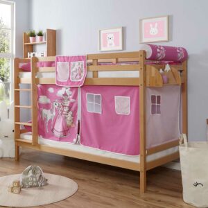 Massivio Kinderetagenbett aus Buche Massivholz Webstoff Pink und Rosa