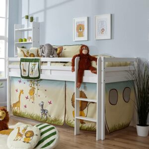 Massivio Kinderzimmer Bett aus Buche Massivholz in Weiß Zootier Motiv