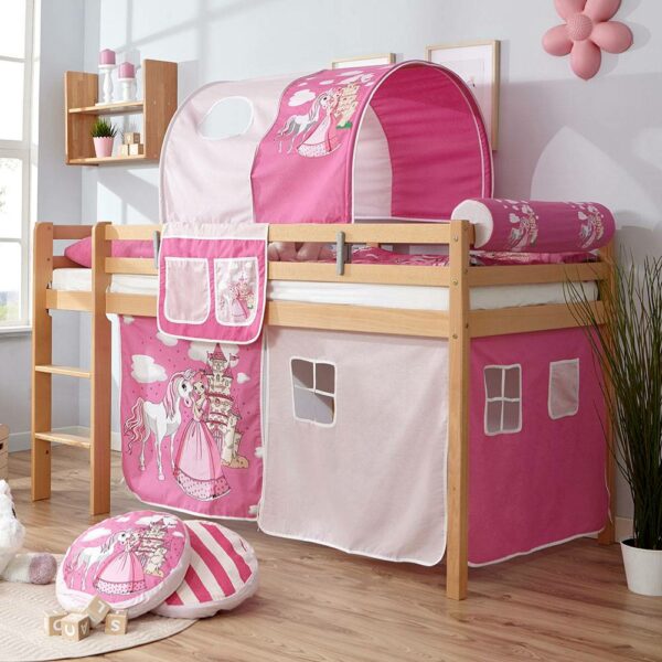 Massivio Prinzessinnen Bett aus Buche Massivholz Webstoff in Rosa und Pink