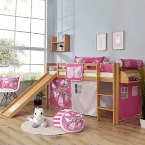Massivio Kinderbett aus Buche Massivholz Webstoff in Pink und Rosa