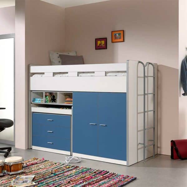 4Home Kinderzimmerbett in Blau und Weiß Schrank und Schreibtisch