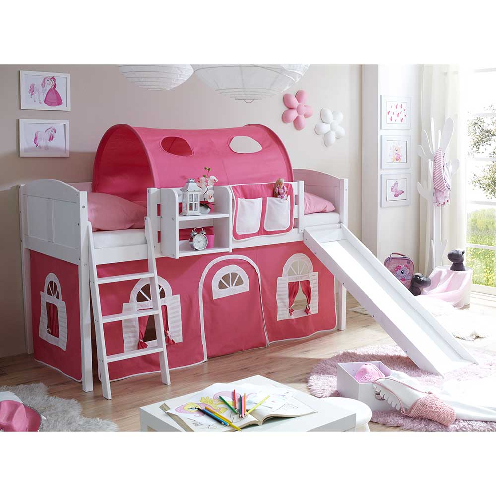 Massivio Kinderbett in Weiß und Pink Leiter und Rutsche