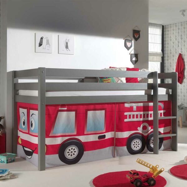 4Home Jungs Kinderhochbett in Grau und Rot Feuerwehr Motiv
