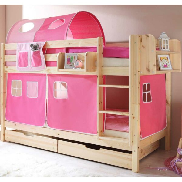 Massivio Kinderetagenbett mit rosa Vorhängen Kiefer Massivholz