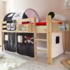 Massivio Piraten Kinderbett mit Tunnel und Vorhang Schwarz Weiß