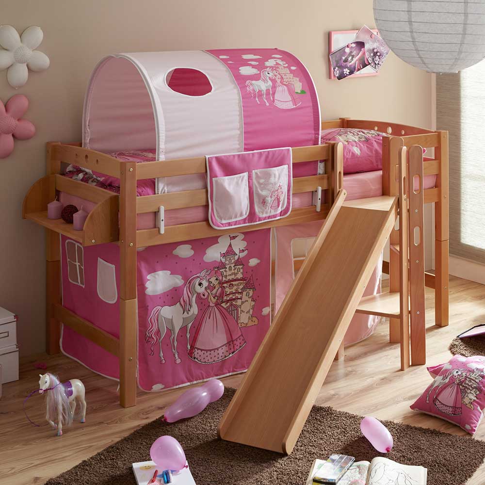 Massivio Mädchen Kinderbett im Prinzessin Design Rutsche und Vorhang in Pink