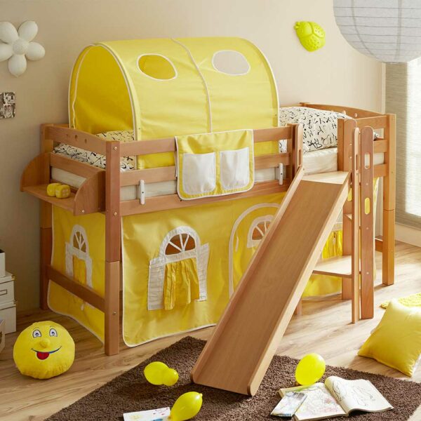 Massivio Kinder Hochbettgestell mit Rutsche Vorhang in Gelb