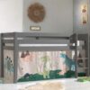 4Home Kinder Hochbett aus Kiefer Massivholz Grau mit Dino Vorhang