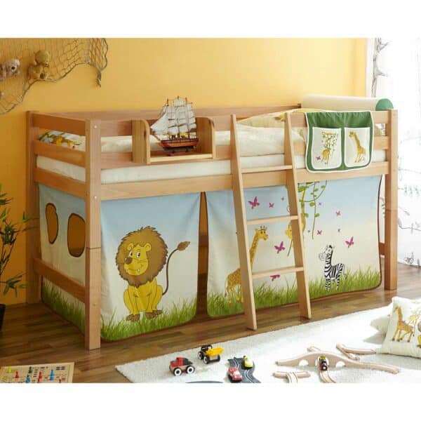 Massivio Kinderzimmer Bett mit Vorhang im Zootier Design Buche Massivholz
