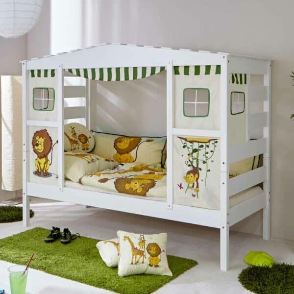 Massivio Jungen Kinderbett in Weiß Kiefer massiv Dschungel Design